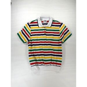 Vintage 80s Cricket Line Collared Striped Short Sleeve Top Size Medium Retro